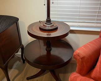 Antique two tier leather top table, metal base table lamp