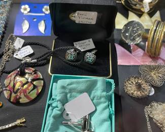 Tiffany cuff links, art glass and vintage Danish earrings