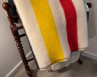 Vintage wool Hudson Bay blanket, barley twist quilt rack