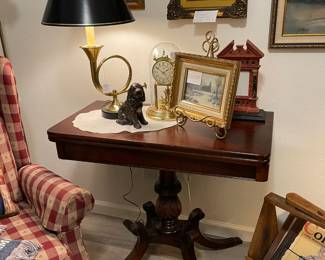 Antique game table, wonderful French Horn lamp, and art