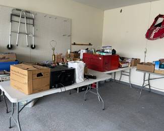 Garage has lots of great things, tools, tool boxes, frames, CD, DVD, games, lamps, books, chemicals, mugs etc.
