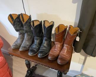 Antique oak table and leather cowboy boots
