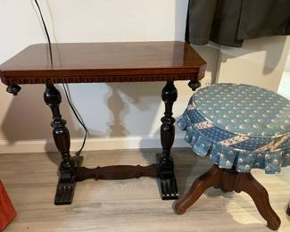 Antique oak oblong side/accent table, piano stool with upholstered seat