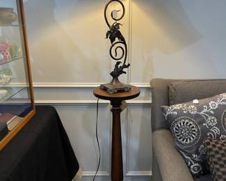 Antique oak plant stand and beautiful metal base table lamp