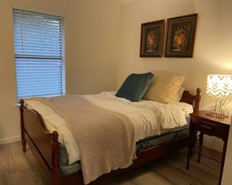 Vintage Peter Klerner full bed frame with like new mattress, quilt bed linens