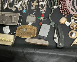 Zippo lighters, knives,jade,pink quartz