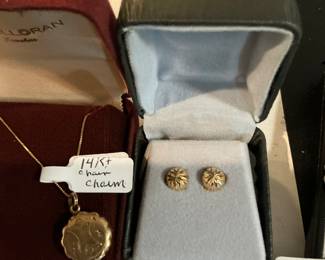 14 kt Charm and chain, 14kt stud earrings
