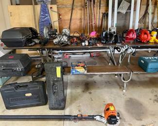 Variety of saws, including pole saw, lawn/leaf blowers, power tools, yard tools, drills, lawn/garden tools, etc.