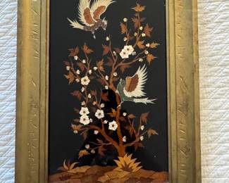 Framed Inlaid Oriental Black Lacquer Wall Art Plaque Panel Birds & Flowers Signed (14"W x 20-1/2"H)