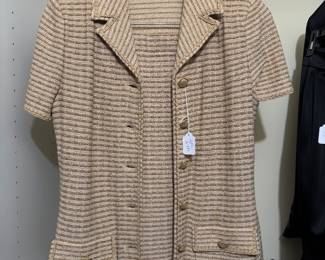 Women's St. John Collection Women Tweed Cream Brown Gold Metallic Shimmer Trim Jacket & Skirt Size 4