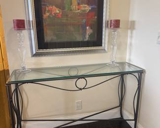 Rectangular Wrought Iron Table with Glass Top (54"W x 16"D x 30"H)