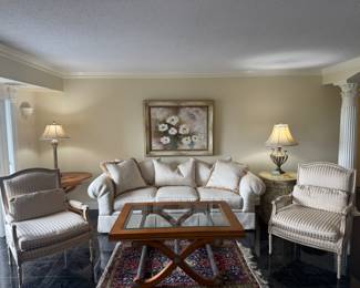 Danker Furniture Upholstered 3 Seat Sofa (100"W x 42"D x 29" Back Height) & Framed Original on Canvas of Floral Still Life Signed Reynolds (46"W x 37"H) & Century Furniture Pedestal Entrance Table (40"D x 28"H) & Sherrill Furniture Co. Upholstered Cream Striped Accent Chair (30"D x 32"W x 41" Back Height / 2 Available) & Century Furniture Mahogany Base & Top with Glass Top Rectangular Coffee Table (37"D x 51"W x 23"H)