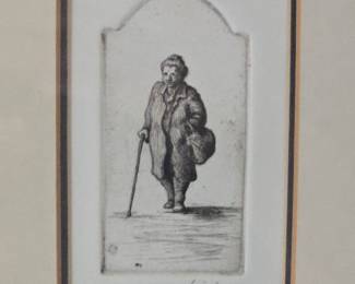 Harold E Little "Woman Shopper with Cane" Etching Proof