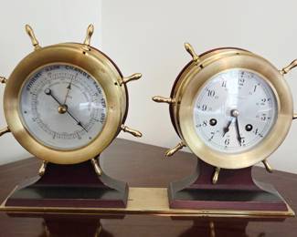 Vintage Schatz Brass Ship Barometer and Clock