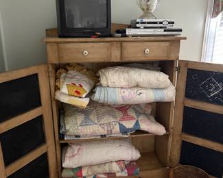 Handmade quilts, pie chest 