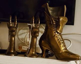 Vintage Brass Boot and a Pair of Brass Antelope