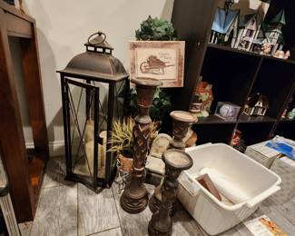 Lantern with flamless candles, wood candle stick holders