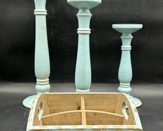 Turquoise Trio Stair Step Candlesticks & Egg Crate