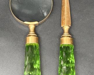 Vintage Faceted Green Glass & Brass 2-Piece