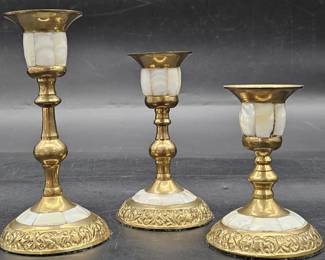 Trio Vintage Brass & MOP Stair Step Candlesticks