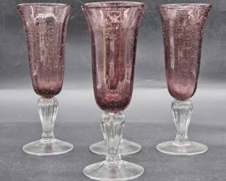 (4) Amethyst Blown Bubble Glass Tulip Flutes