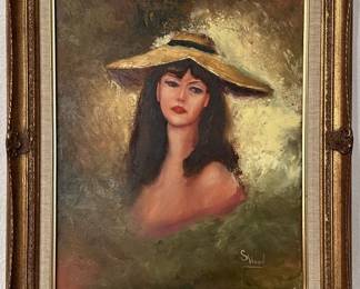 Lady in Hat Portrait by S. Wood, Ornate Gilt Frame