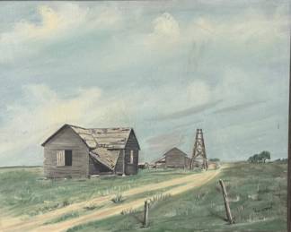 Farm Scene Oil Painting in Rustic Frame by S Wood
