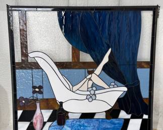 Stained Glass Art Deco Lady in Bath, Framed