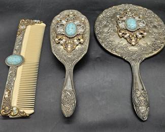 3- Antique Silver Tone w/ Blue Stone Vanity Set