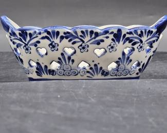 Blue & White Oval Dish w/ Pierced Hears & Windmill