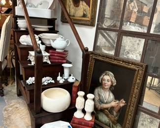 Antique Library Steps, Antique Paintings, Ironstone, and pottery.