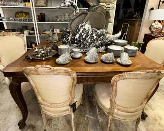 Swan Zinc Planters , Antique French Dining Table and Chairs.