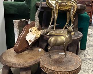 Carved set of stools and Vintage Brass Antelopes.