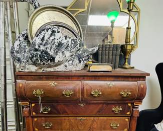 Antique Chest , Vintage Mirror, and a Pair of Large French Zinc Swan Planters.