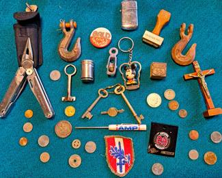 FOREIGN COINS SKELETON KEYS HOOKS LOT