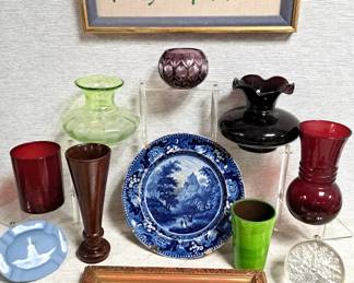 FLOW BLUE & VASES LOT NEEDLEPOINT