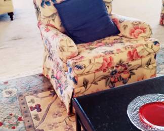 SET OF 2 FLORAL SWIVEL ARMCHAIRS AND OTTOMAN, FROM HICKORY, S.C.