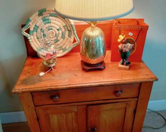 VINTAGE PINE CUPBOARD, BRASS PINEAPPLE LAMP, EGYPTIAN BASKET/TRAY