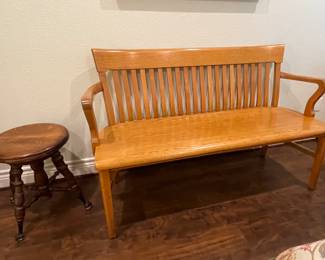 VINTAGE SOLID WOOD BENCH, ANTIQUE PIANO STOOL WITH GLASS CLAW FEET