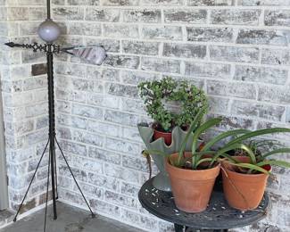 PATIO TABLE, PLANTS, VINTAGE WEATHER VANE WITH LIGHTNING ROD