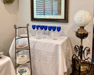 VICTORIAN ANGEL CHERUB LAMP, MARQUIS BY WATERFORD CRYSTAL BOWL & PITCHER, CRISTAL D’ARQUES DURAND VINTAGE SAPPHIRE BLUE CRYSTAL WATER/WINE GOBLET
