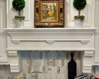 VINTAGE FRAMED FOWL ART IN ORNATE GOLD/BLACK FRAME, DECORATIVE TOPIARY TREES