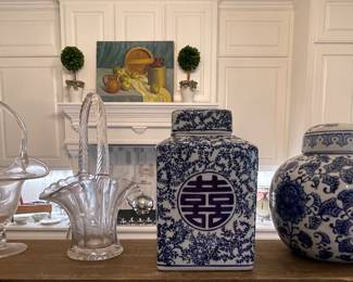 HEISEY LARIAT HANDLED GLASS BASKET, BLUE & WHITE DECORATOR GINGER JARS