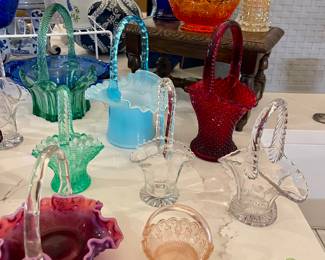 FENTON AQUA BLUE CASED GLASS BASKET, VINTAGE WESTMORELAND RUBY RED BASKET, FENTON PLUM OPALESCENT HOBNAIL BASKET, VINTAGE FENTON AMBERINA DAISY & BUTTON BASKET WITH SPLIT HANDLE, WESTMORELAND COBALT BLUE BASKET, IMPERIAL MONTICELLO BASKET IN LIGHT CARNIVAL COLOR
