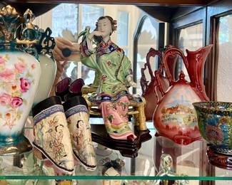VICTORIA AUSTRIA VASE, ANTIQUE CHINESE SHOES WOMEN HAND EMBROIDERED, CHINESE WUCAI PORCELAIN FIGURE, ANTIQUE CHINESE CLOISONNÉ PLIQUE A JOUR TRANSLUCENT BOWL WITH STAND, VINTAGE FOOTED PORCELAIN PITCHER MADE IN CZECHOSLOVAKIA, SMALL MOSER CRANBERRY GLASS COVERED BOX WITH ELABORATE GILT DECORATION