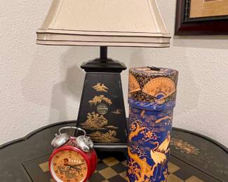 CONTEMPORARY BLACK CHINOISERIE LAMP, ANTIQUE ALARM CLOCK