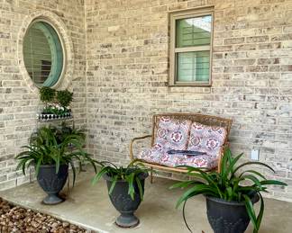 WROUGHT IRON BAMBOO LOOK LOVE SEAT, POTTED PLANTS