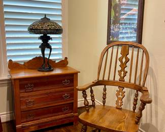ANTIQUE NIGHTSTAND, ETHAN ALLEN ROYAL CHARTER SOLID OAK CHAIR