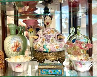 ANTIQUE PORCELAIN NODDER ON ORNATE BRASS STAND FROM JAPAN, RUBY GLASS STOPPERED SCENT BOTTLE WITH GOLD GILDING, VASELINE & URANIUM ART GLASS BASKET, ANTIQUE CHINESE ENAMEL STAMP BOX