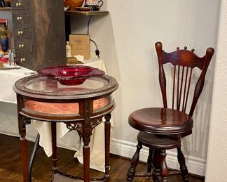 SPINDLE BACK PIANO STOOL WITH GLASS BALL CLAW FEET, GORGEOUS ANTIQUE CHIPPENDALE MAHOGANY TABLE VITRINE, CIRCA 1890, PADEN CITY RUBY RED BOWL